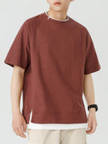 Summer Casual Men's Raglan Sleeve Short Sleeve T-Shirt, Simple Color-Block 2-in-1 Look, Solid Color Top, Trendy Youth Tee - Burgundy
