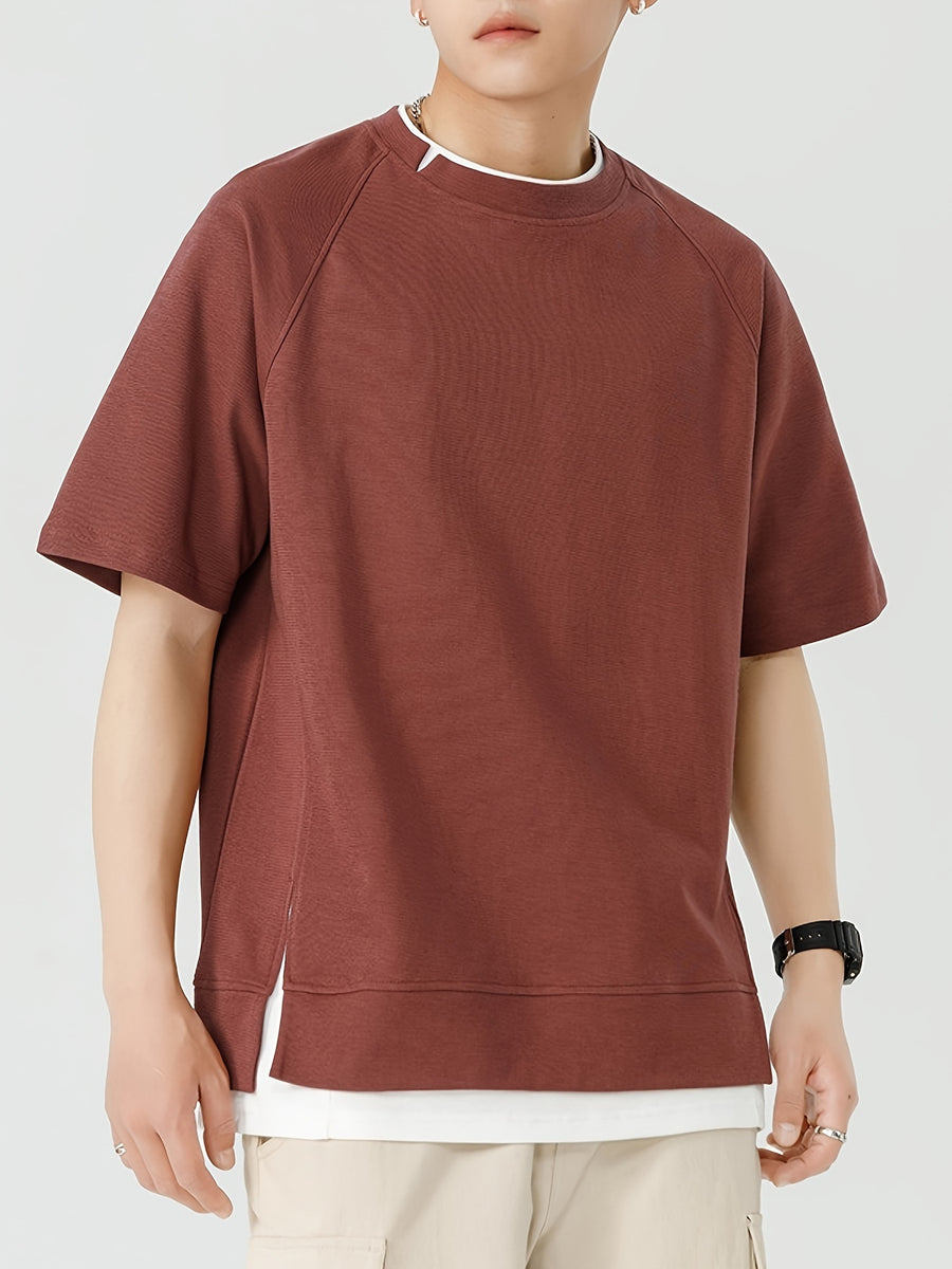 Summer Casual Men's Raglan Sleeve Short Sleeve T-Shirt, Simple Color-Block 2-in-1 Look, Solid Color Top, Trendy Youth Tee - Burgundy