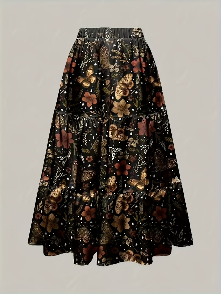 Autumn/Winter Natural Style Vacation Hippie All-Over Print Women's A-Line Skirt with Plants, Leaves, Maple Leaves, and Mushrooms - Black