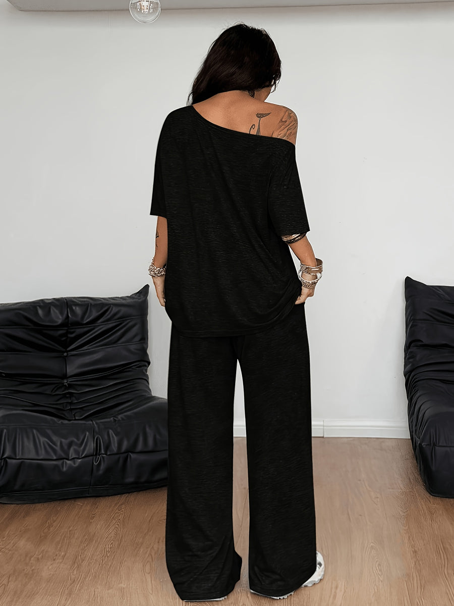Casual Women's 2pcs Set Short Sleeve T-Shirt + Pants - Black