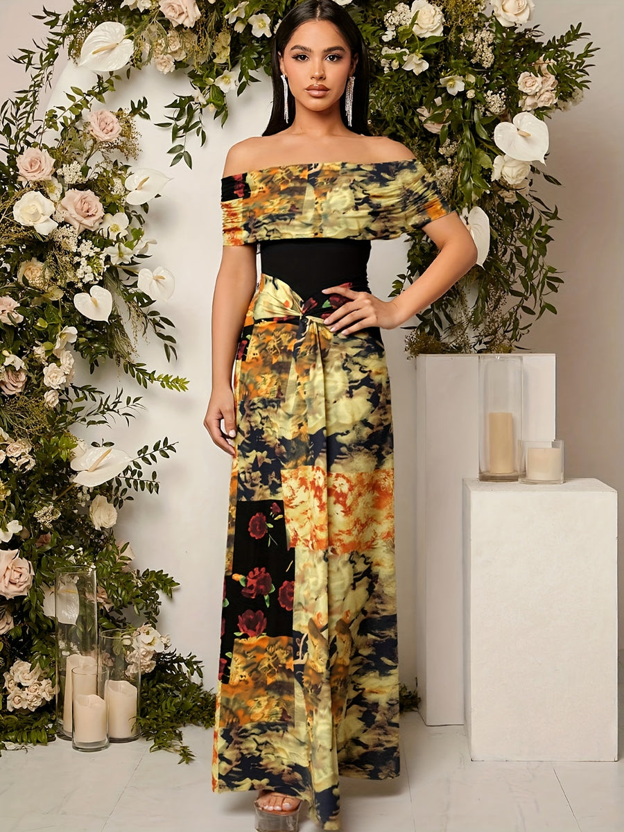 Retro Floral Off-Shoulder Women'S Dress, Artistic Patchwork And French Bare-Shoulder Style - ginger-colored