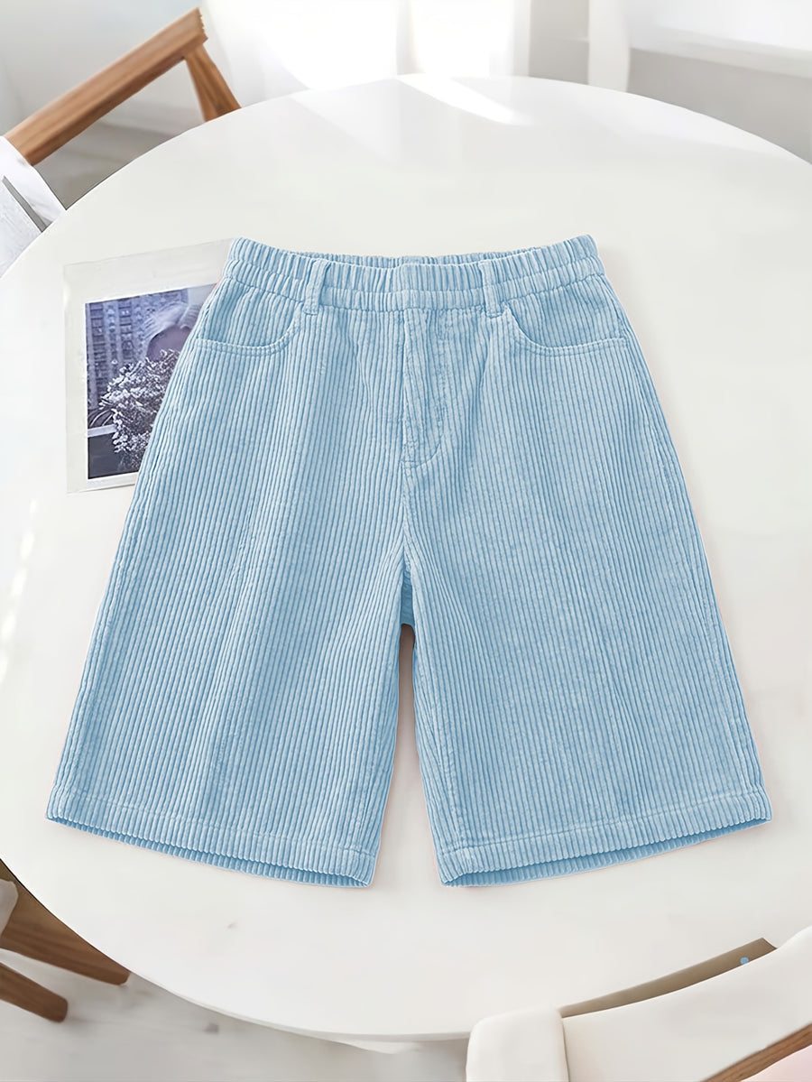 Women's 8-Wale Corduroy Wide Leg Bermuda Shorts, High Waisted Versatile Casual Shorts, Multi-Color Vintage Style, Soft & Stretchy, Suitable for Spring, Summer and Autumn - Light Blue