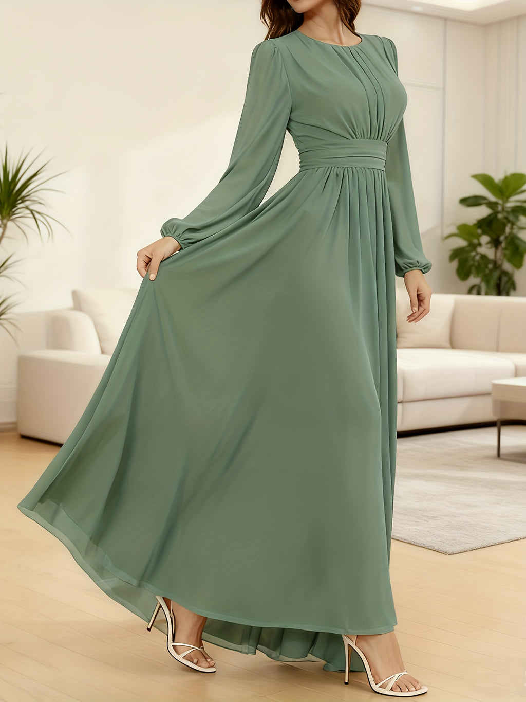 P373 French-Style Elegant, Dynamic, and Flowing A-Line Dress with Waist Cinching and Flared Hem, Suitable for Dates, Dinners, and Weddings, for Women and Bridesmaids - Green