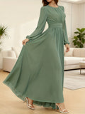 P373 French-Style Elegant, Dynamic, and Flowing A-Line Dress with Waist Cinching and Flared Hem, Suitable for Dates, Dinners, and Weddings, for Women and Bridesmaids - Green