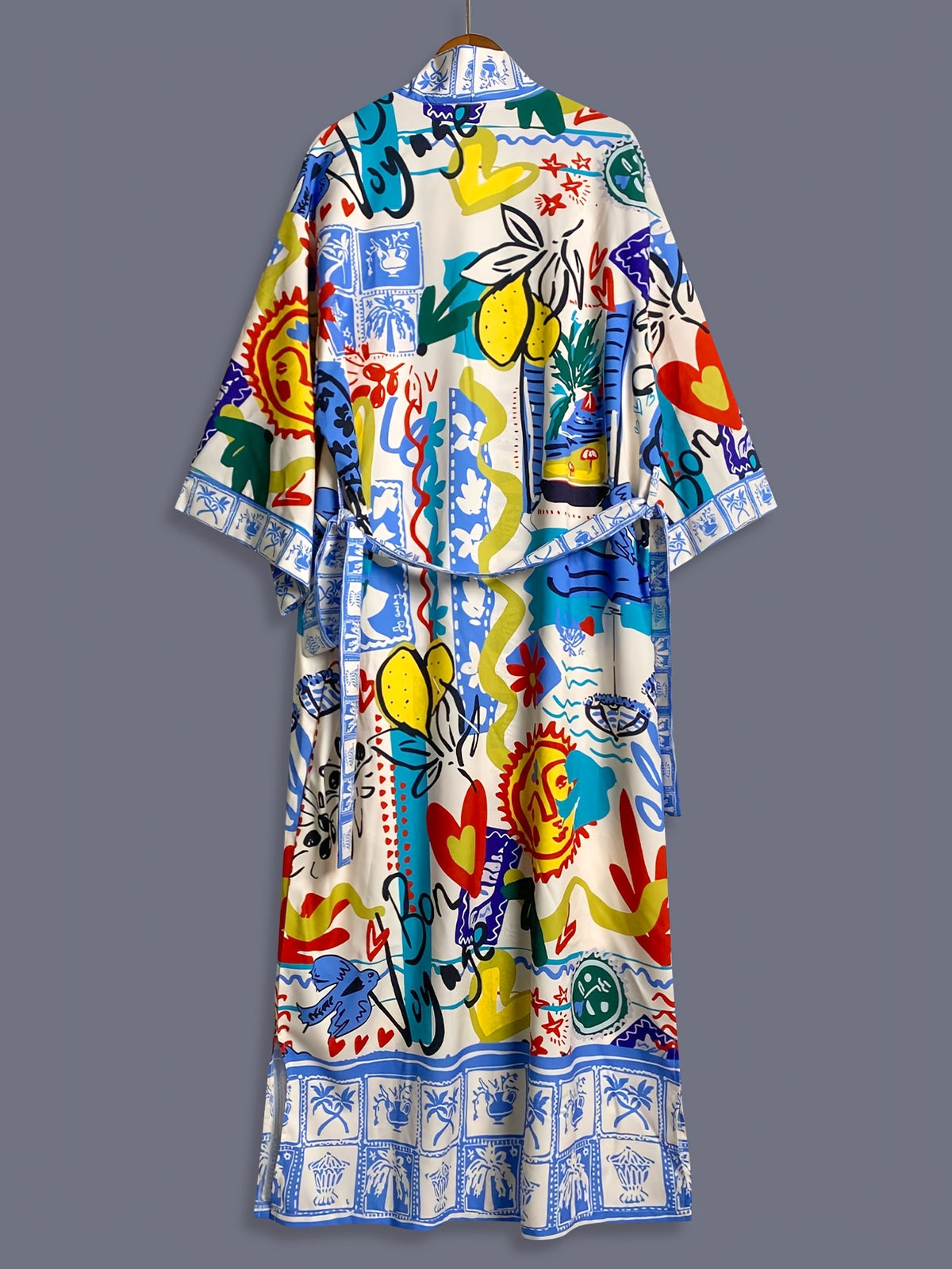 Japanese-style Bohemian Spring/Autumn Sun Floral Print Midi-Length Long Sleeve Kimono Cardigan Thin Outerwear for Women, Elegant Style Casual Cover-Up Jacket, Beach Travel Vacation Lightweight Cape Coat with Split Hem, Home Bathrobe - Blue