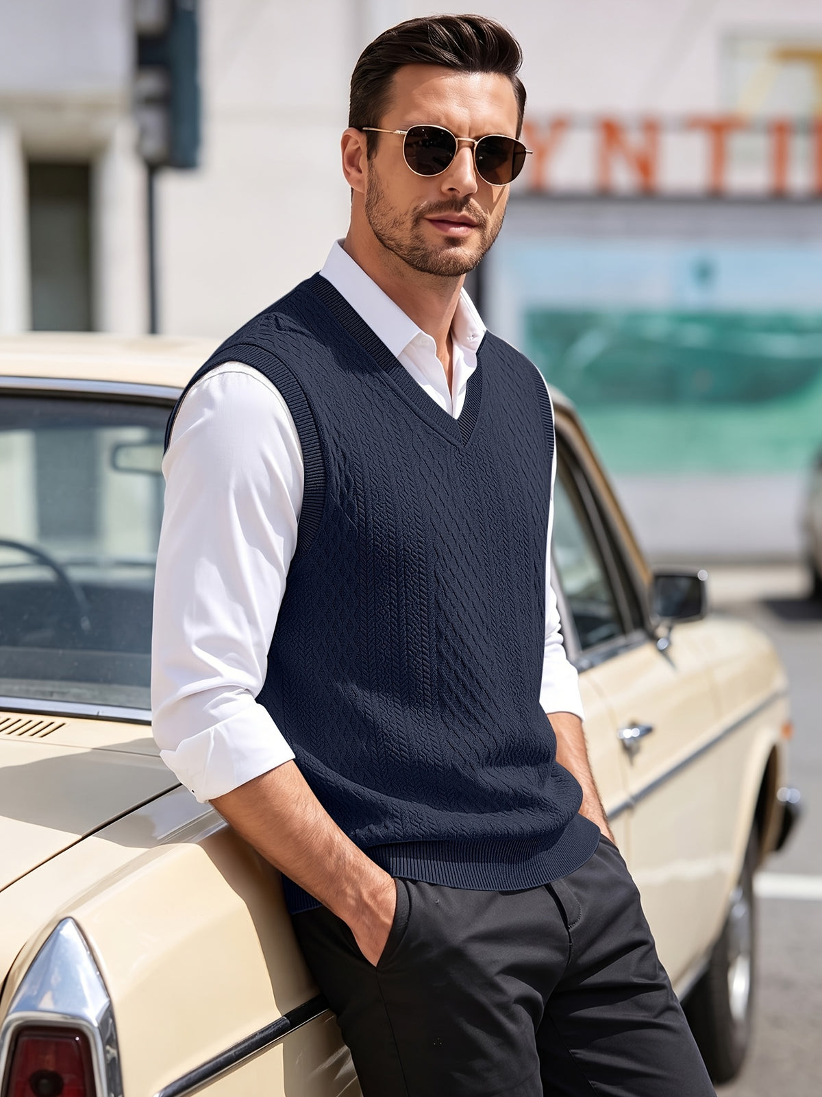 Xingfan OBM Men's Autumn/Winter Light Luxury New Ribbed V-Neck Cable Knit Vest, Rhombus Jacquard Sleeveless Sweater Cardigan, Business Gentleman's Layering Knit Top. Soft and Warm Knitted Fabric, Vintage Three-dimensional Cable Knit Rhombus Texture - Navy Color