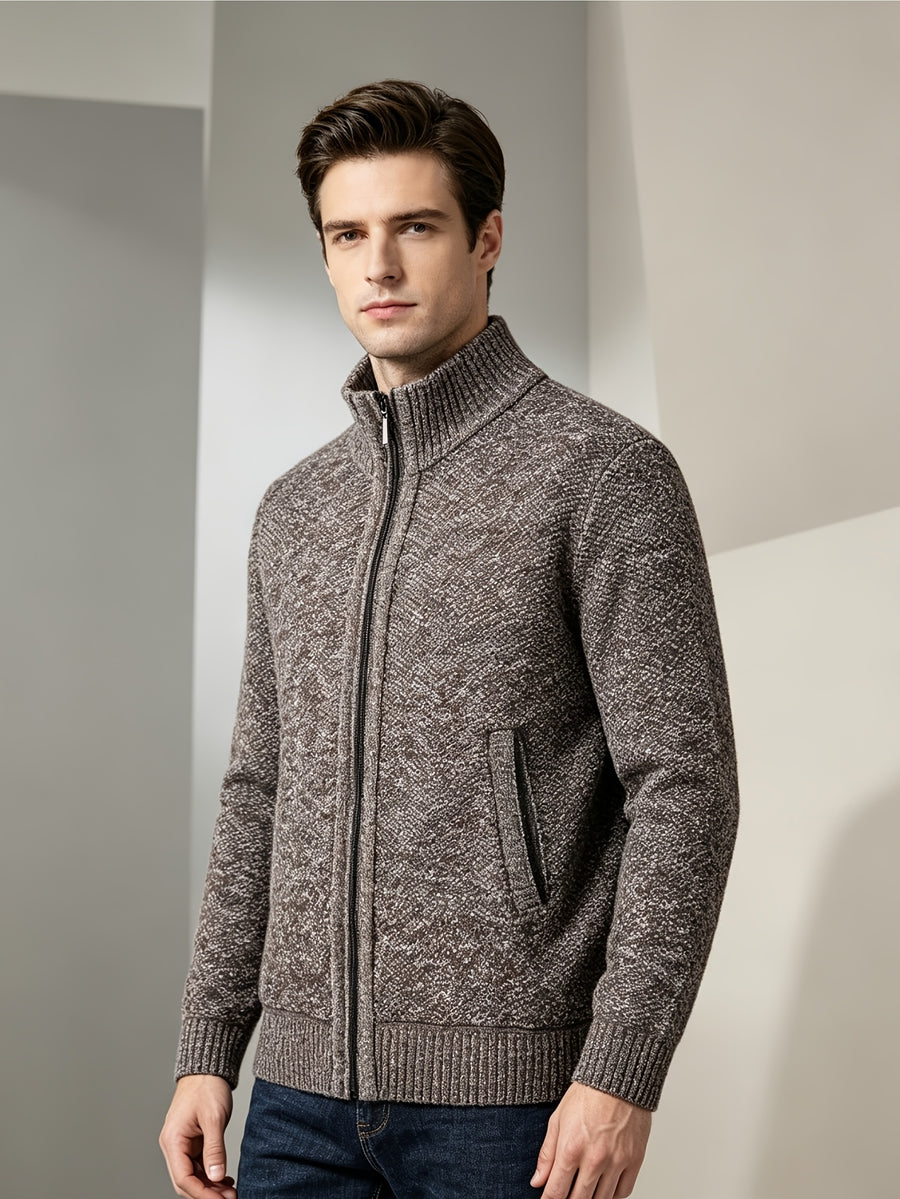 Autumn Winter Christmas Gift Men'S Sweater Jacket Cardigan Zipper Long Sleeve Knit Top High Neck Warm Breathable Fit Temperament Good for Students Office Bosses Casual Commute Dates Gatherings - Coffee Color