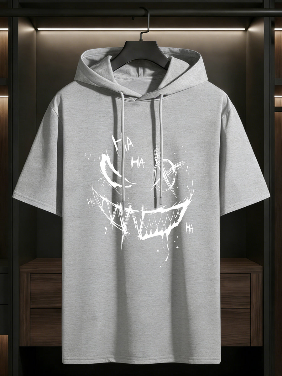 Men's Hooded Short-Sleeve Dark Graffiti Joker Print, a Summer Essential for Men. Features a Comfortable Patterned Print, Suitable for Multiple Occasions, and Is the Top Choice for Fitness and Outdoor Sports Enthusiasts - Grey