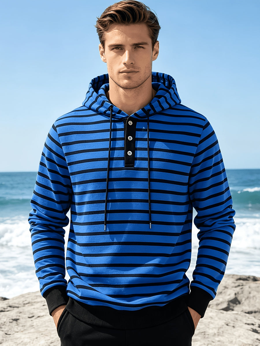 Autumn/Winter 2026 New Arrival Men's Casual Loose Striped Minimalist Trendy Color-Block Henry Hooded Sweatshirt - Royal Blue