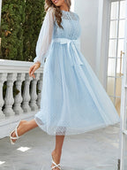 New Elegant Wedding Guest Dress for Women with Mesh Lace Patchwork and Bow Decoration - Light Blue