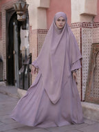 Middle Eastern Solid Color Women'S Robe with Pearl Sleeves Dress And Long Scarf 2pcs Set, Ideal for Women'S Daily Wear, Travel, And Ramadan - Light Purple