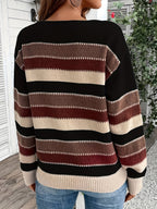 Women's Vintage Casual Sweater - Soft Medium-Stretch Round Neck Long Sleeve, Horizontal Striped Loose Fit Pullover for All-Season Comfort & Everyday Elegance, Cute Sweaters, Elegant Layering Piece, Durable Knitwear - Black