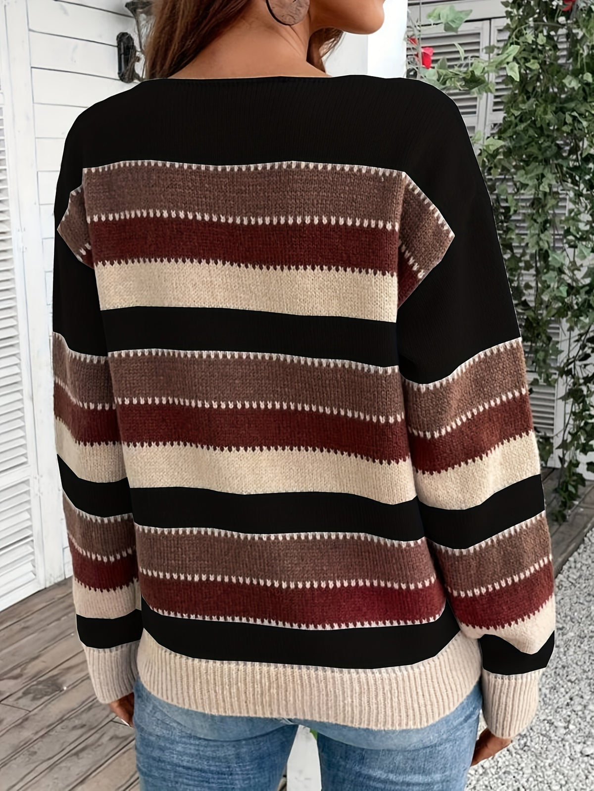 Women's Vintage Casual Sweater - Soft Medium-Stretch Round Neck Long Sleeve, Horizontal Striped Loose Fit Pullover for All-Season Comfort & Everyday Elegance, Cute Sweaters, Elegant Layering Piece, Durable Knitwear - Black