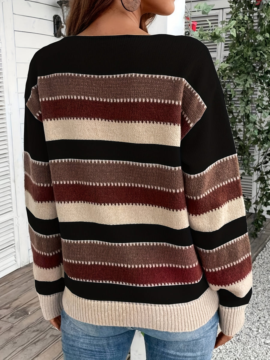 Women's Vintage Casual Sweater - Soft Medium-Stretch Round Neck Long Sleeve, Horizontal Striped Loose Fit Pullover for All-Season Comfort & Everyday Elegance, Cute Sweaters, Elegant Layering Piece, Durable Knitwear - Black