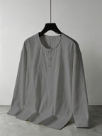 Men's Summer Linen Long Sleeve Shirt, Breathable Round Neck, Loose Fit. Suitable for Daily Casual, Beach Vacation or Yoga Sports, Also a Great Valentine's Day Gift for Him. - Grey