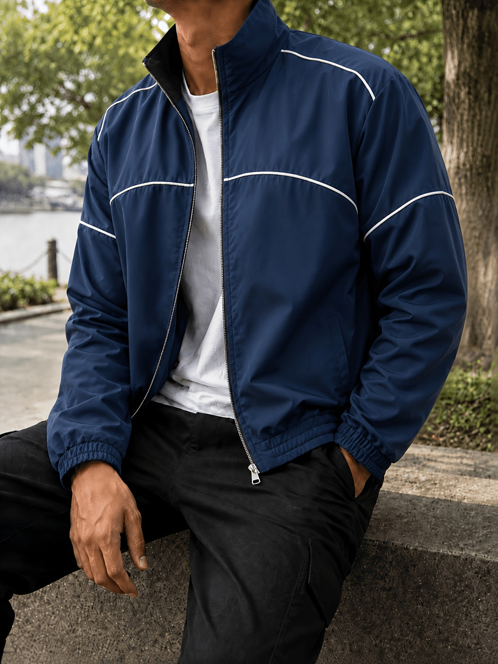 Men'S Color-Block Striped Stand-Collar Jacket, Autumn Casual Sporty Loose Long Sleeve Zipper Top, Western Street All-Match Commute Outdoor Men'S Clothing - Deep Blue