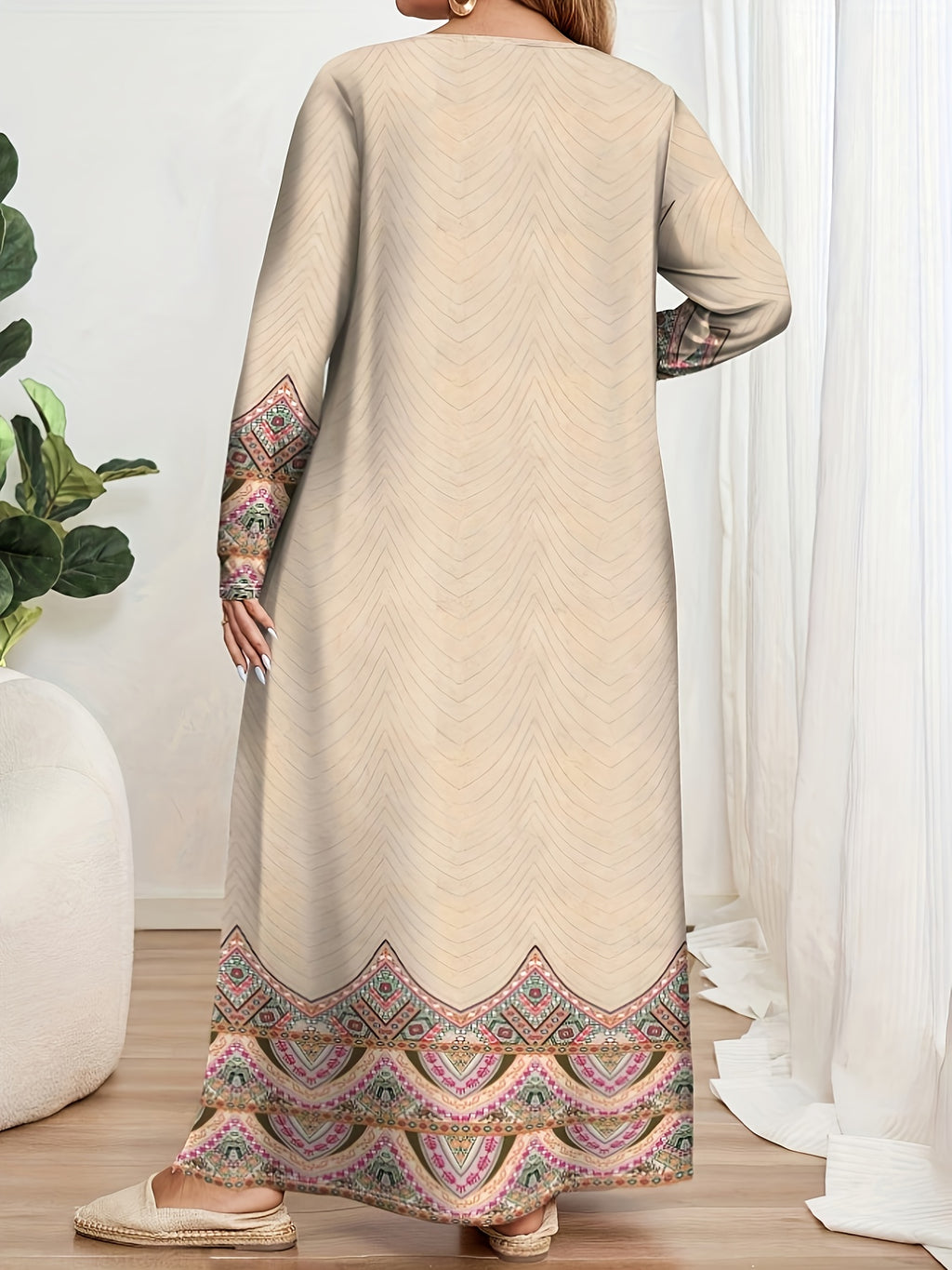 DJ0416068 Middle East Special Round Neck Long Sleeve Elegant Printed Abaya Dress - Apricot