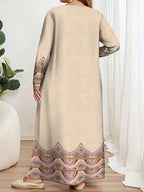DJ0416068 Middle East Special Round Neck Long Sleeve Elegant Printed Abaya Dress - Apricot