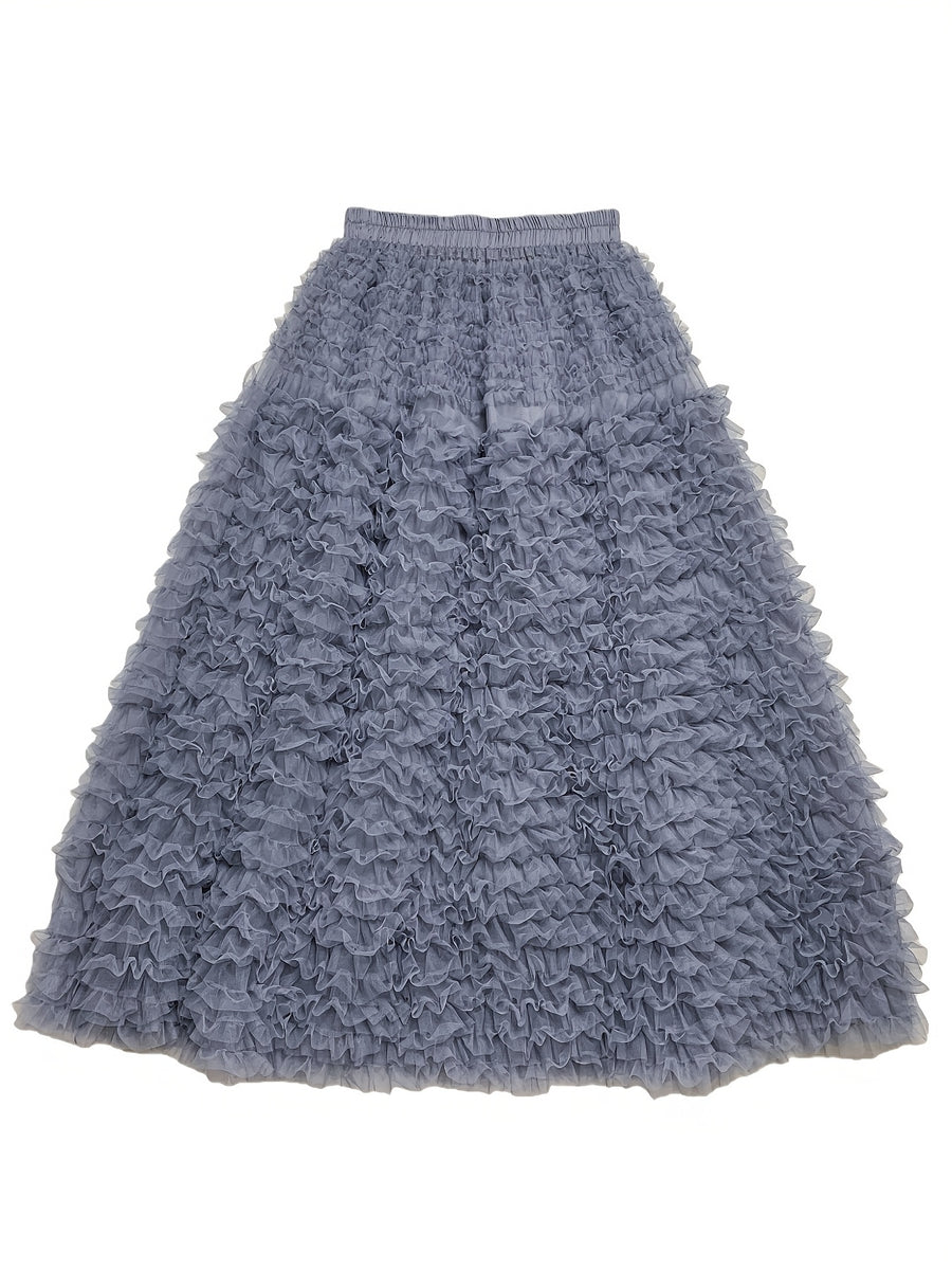 Korean-style Design-inspired Heavy-duty High-end Gray Long Multi-layered Mesh Flared Skirt, New Autumn/winter French-style Elegant Party Skirt, High-waisted Loose Beach Vacation Cake Skirt, Suitable for Daily Wear and Weddings - Advanced Gray