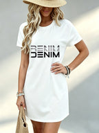 Printed Design Not Textured, Casual Ladies Dress, Denim Text Print, Summer Beach Outing, Gift for Girlfriend, 100 Percent Polyester - White