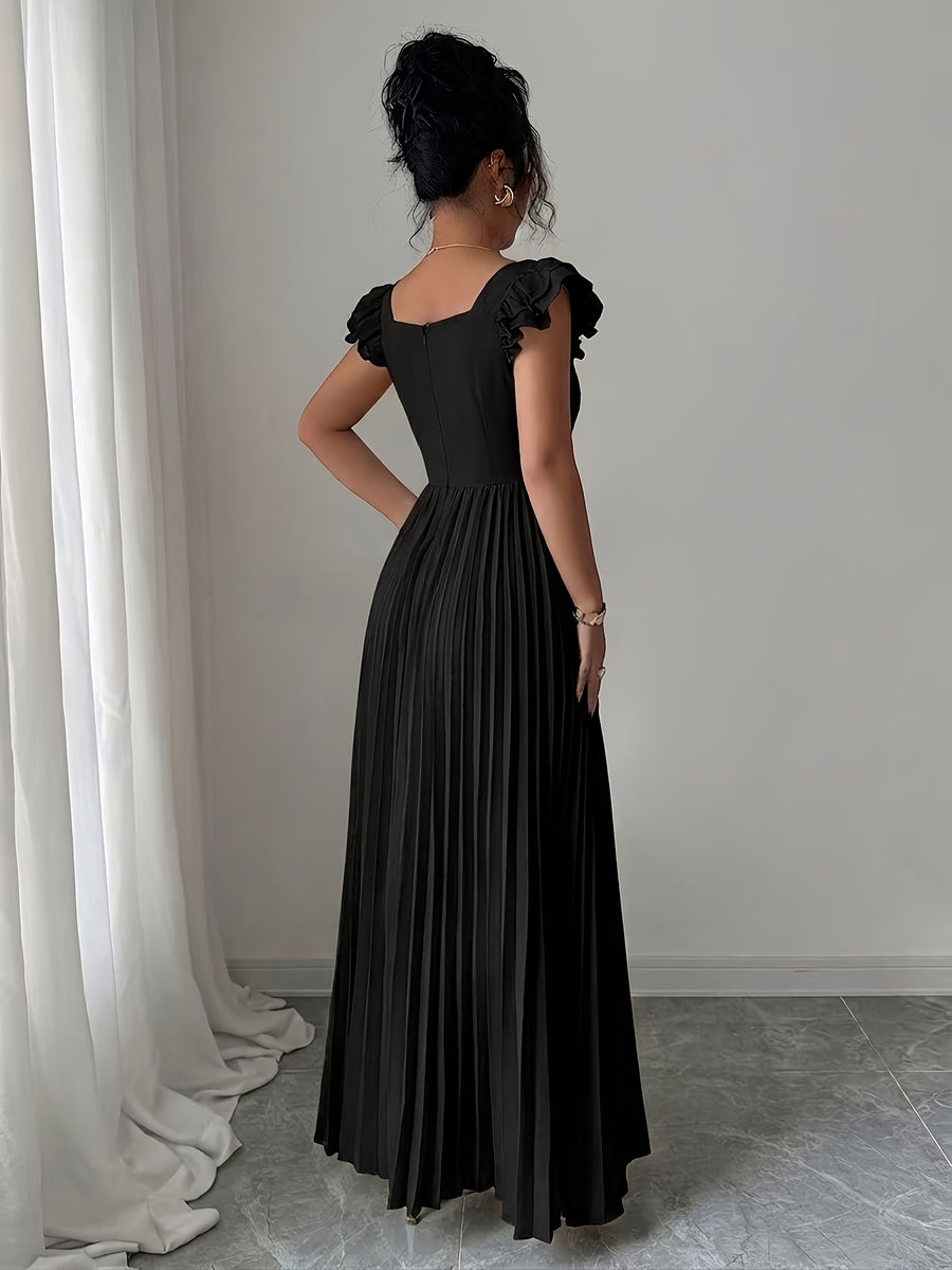 Women'S Elegant Floral Print Pleated Hem Long Dress, Summer - Black
