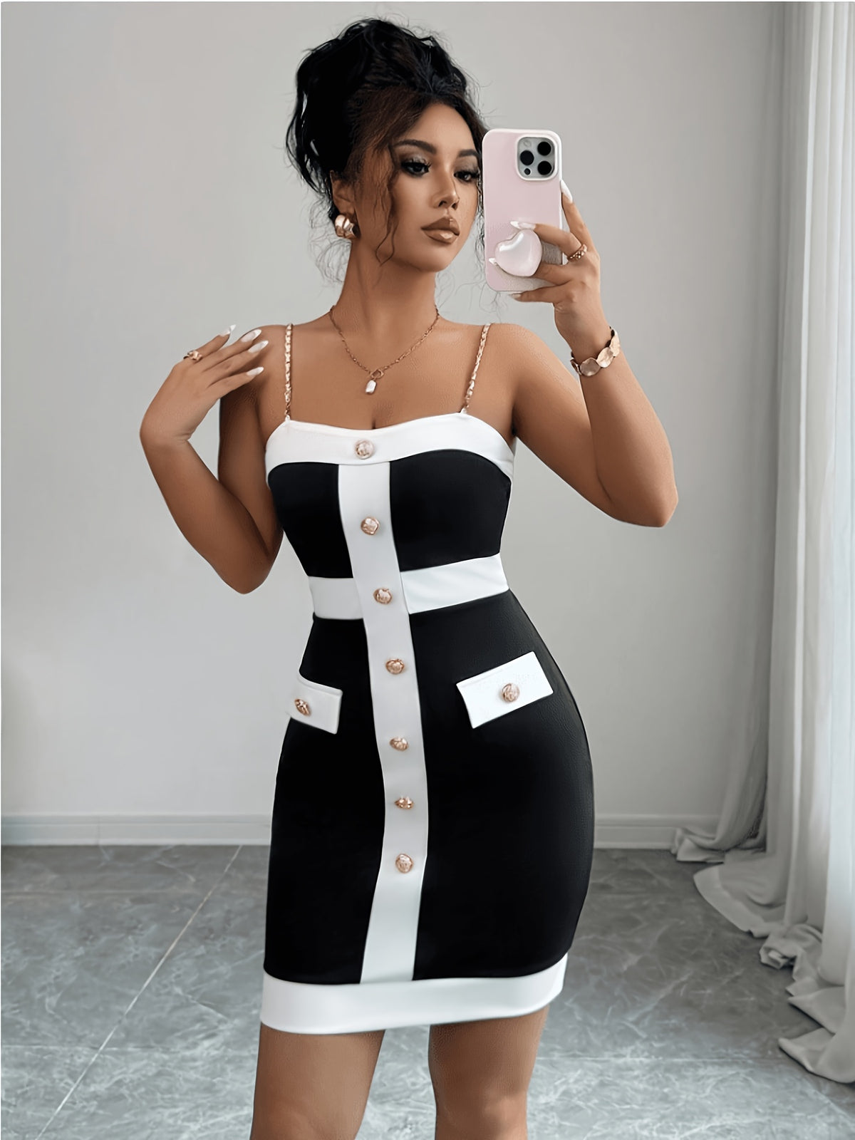Women' Off-Shoulder/ Neck Mini Dress with Chain Strap & Golden Button Fake Pocket - Black/White Color Block Short Dress Suitable for Party, Club, Date Night Outfits, Machine Washable Short Dress - Black