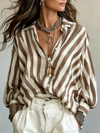 Spring Summer New Style Retro Striped Long Sleeve Women'S Shirt, Loose Vacation Style Beach Top, Casual Commute - Khaki