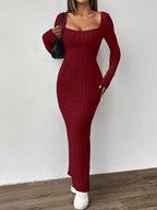 Ribbed Dress, Long-sleeve Tweed Casual Dress - Deep Red