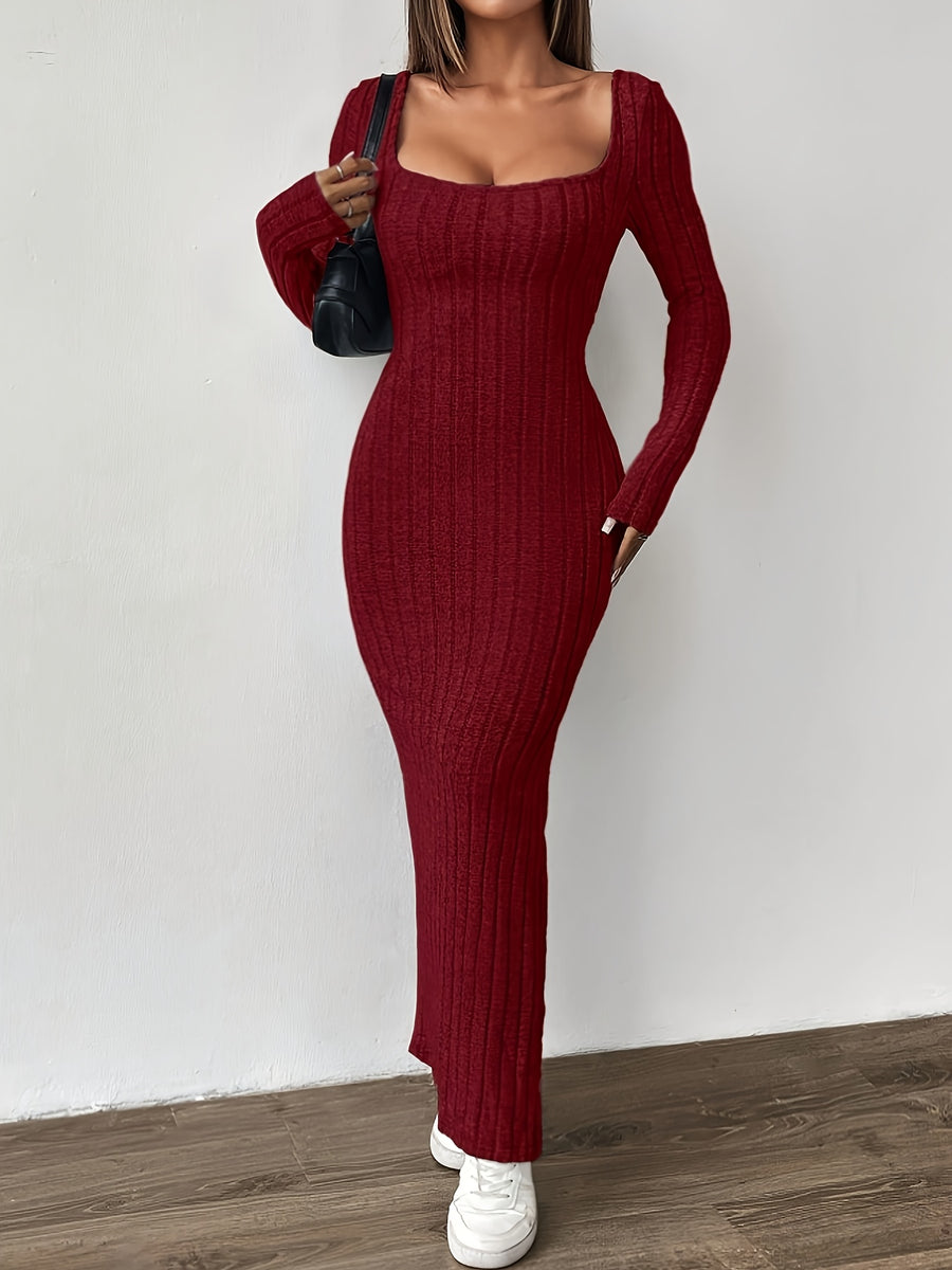 Ribbed Dress, Long-sleeve Tweed Casual Dress - Deep Red