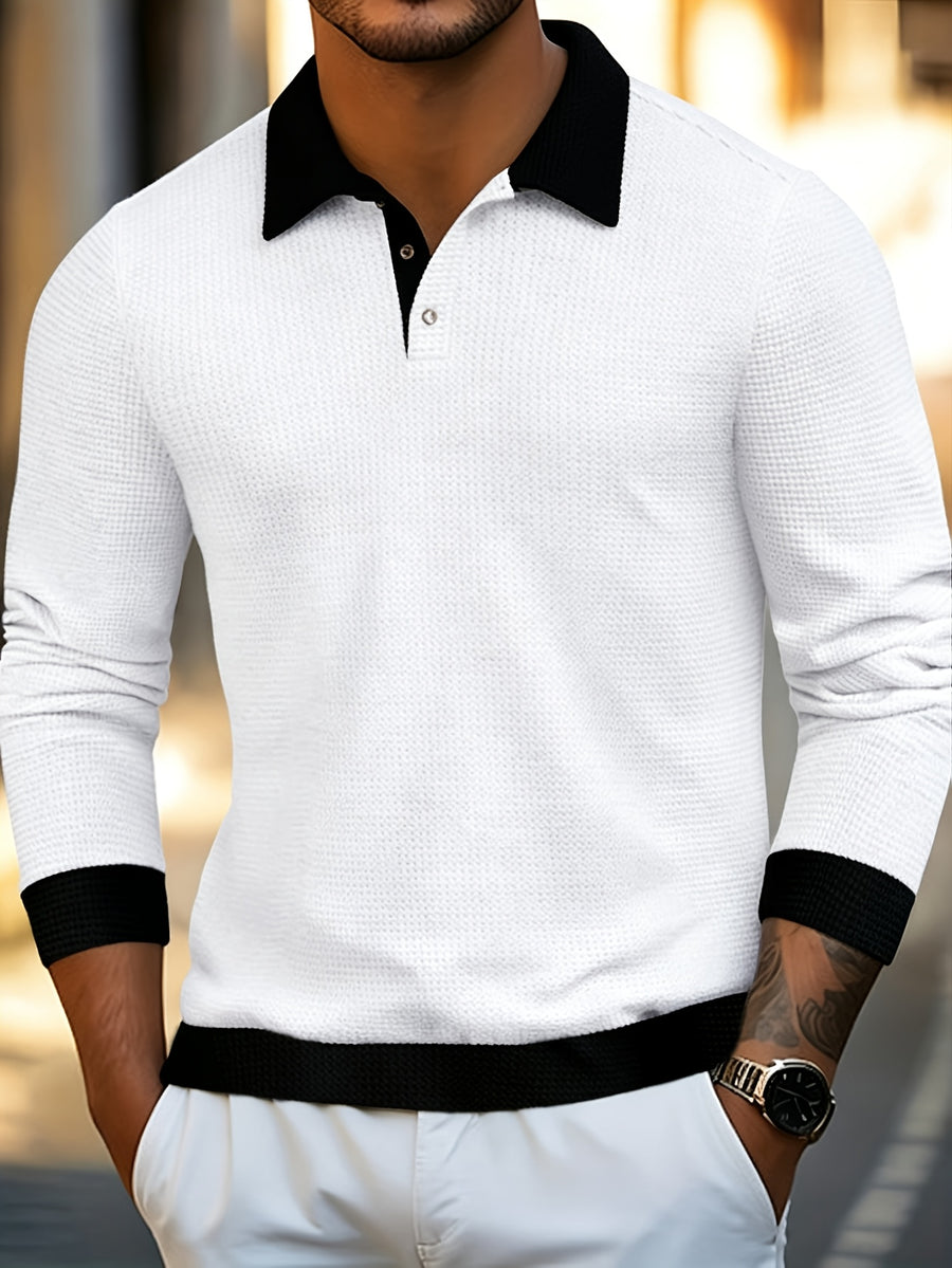 Autumn/Winter Men'S Color-Block Lapel Long Sleeve Shirt, Contrast Collar Edges, Cuffs, And Hem Design, Full of Layered Style. Half-Button Placket, Easy to Wear And Remove. Fitted And Neat Cut, Enhances Men'S Figure - White