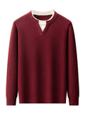Men'S Waffle Fake Two-Piece V-Neck Knit Long Sleeve Top, Burgundy And White Contrast, Focus on Atmospheric Autumn Casual Wear - SINBOS - Red