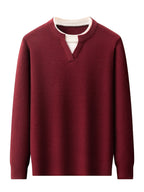 Men'S Waffle Fake Two-Piece V-Neck Knit Long Sleeve Top, Burgundy And White Contrast, Focus on Atmospheric Autumn Casual Wear - SINBOS - Red