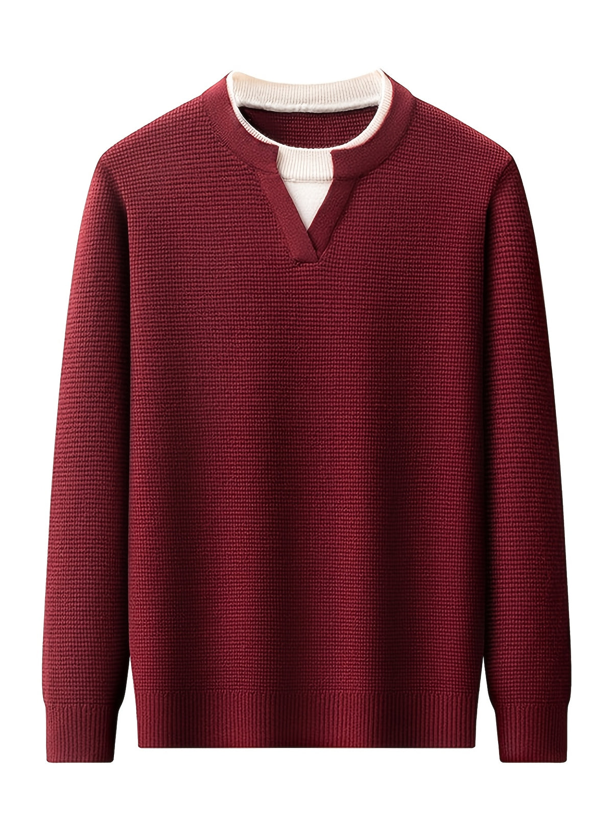 Men'S Waffle Fake Two-Piece V-Neck Knit Long Sleeve Top, Burgundy And White Contrast, Focus on Atmospheric Autumn Casual Wear - SINBOS - Red