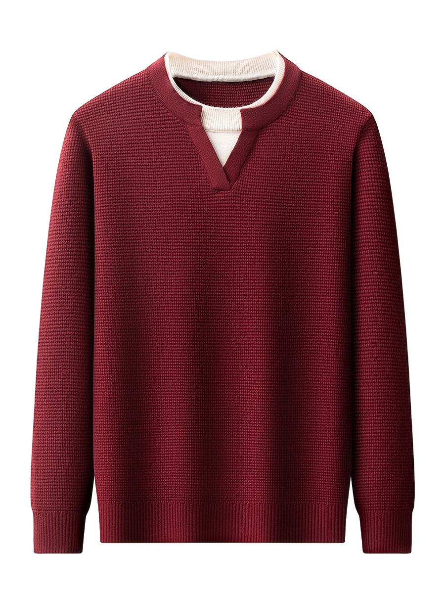 Men'S Waffle Fake Two-Piece V-Neck Knit Long Sleeve Top, Burgundy And White Contrast, Focus on Atmospheric Autumn Casual Wear - SINBOS - Red