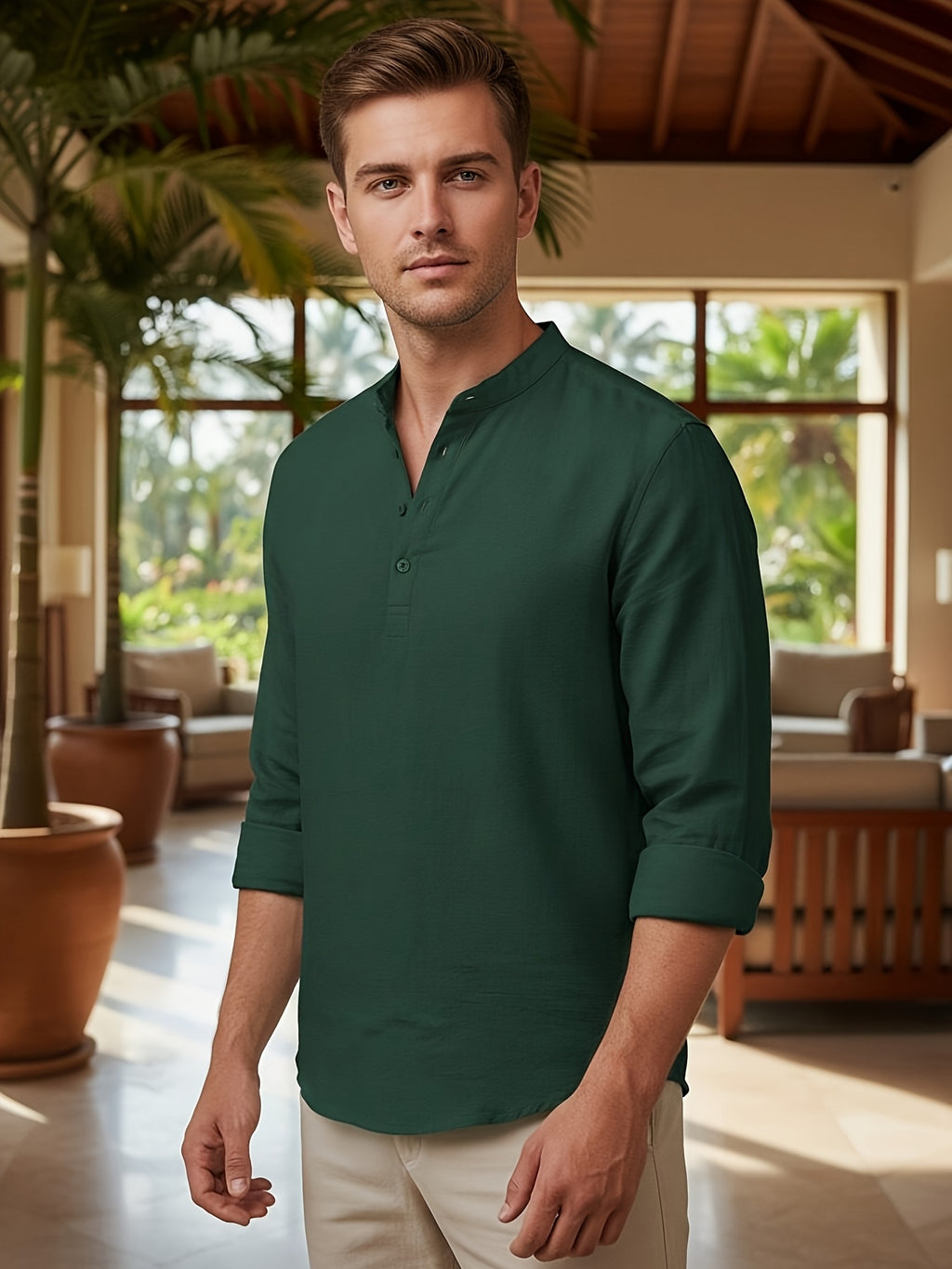 Men'S Linen Material Small Lapel Design Half-Open Button-Up Pullover Style Solid Color Casual Long Sleeve Shirt Suitable for Vacation Travel And Other Activities - Olive Green