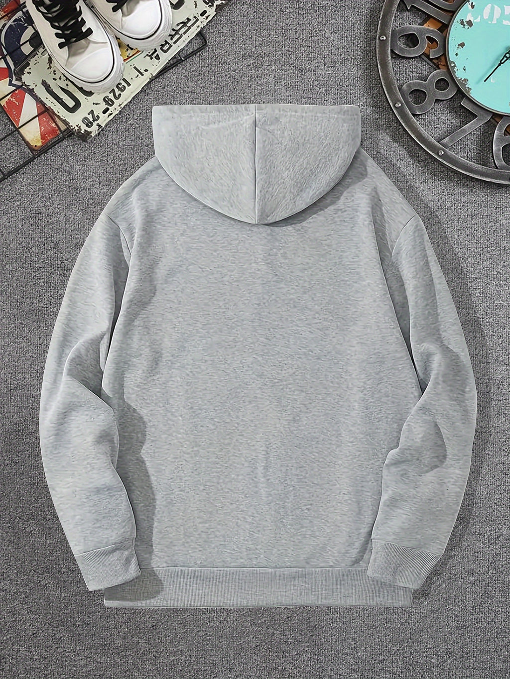 Minimalist Style Boston Letter Print Men'S Hooded Sweatshirt Regular Fit, Casual Long Sleeve Pullover - Light Grey