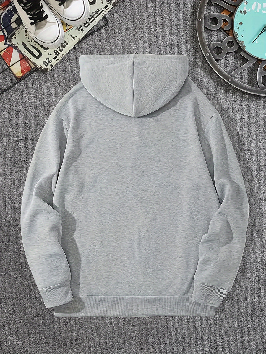 Minimalist Style Boston Letter Print Men'S Hooded Sweatshirt Regular Fit, Casual Long Sleeve Pullover - Light Grey
