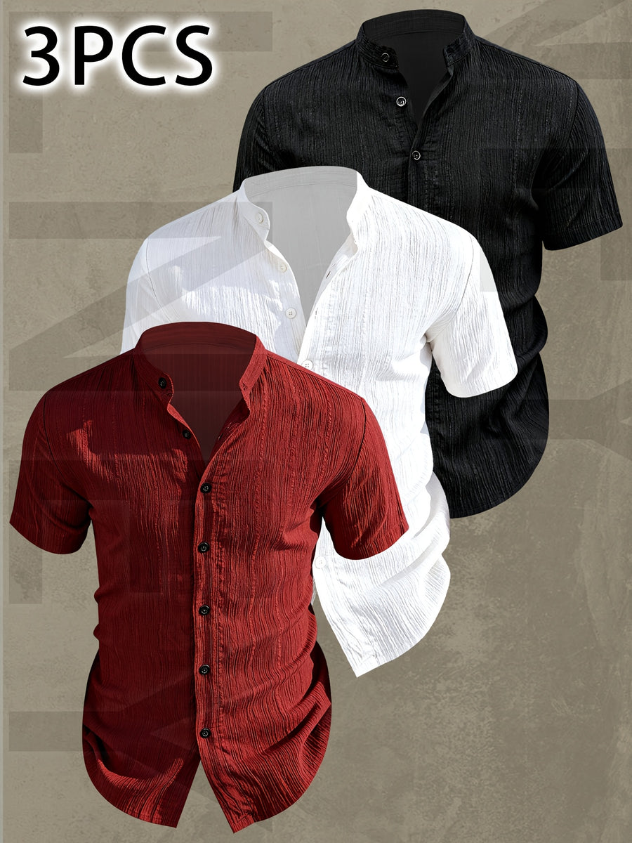 [Uomo Le Mi OBM] 3pcs Men'S Summer Short Sleeve Shirts | Lightweight Breathable Solid Color Button-Up Casual Shirts with Stand Collar, Machine Washable for Beach Vacation, Pool Party & Casual Attire, High Quality, Dad Christmas Gifts, Slim Fit, Daily - Mixed Color 14