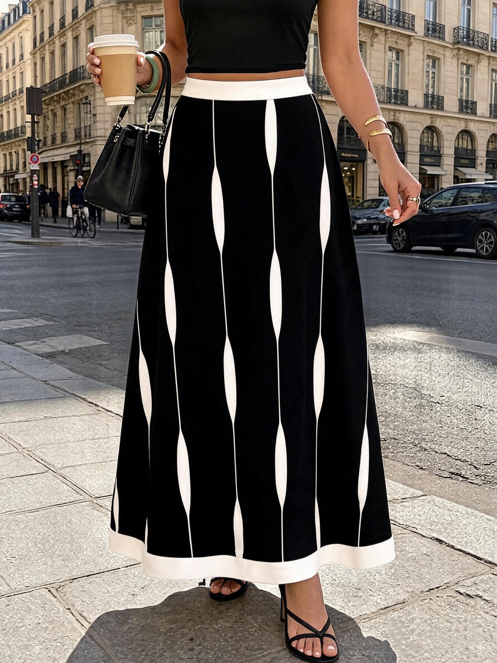 Women's Fashion New Elegant Style Skirt with Random Print Hem and Color Block Patchwork, Suitable for Casual, Daily Commute, and Dating - Black