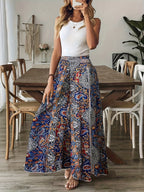 Women's Paisley Print High-Waisted Wide-Leg Pants, Elegant Non-Stretch Fabric + Dense Hem Gathering Craftsmanship, Loose Fit for Spring, Summer, and Autumn, Paisley Print Wide-Leg Pants with Hip-Covering Effect, Ideal for Vacation Photoshoots - Navy Color