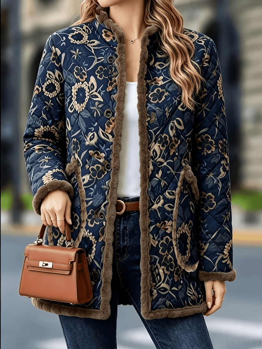 Blue Base Floral Print Autumn/Winter Women'S Thickened Coat with Stand-Up Collar, Quilting Texture, Plush Lining, And Pom-Pom Trim, Brown Button Closure, Vintage Elegant Style, Chinese Classical Charm - Navy Color