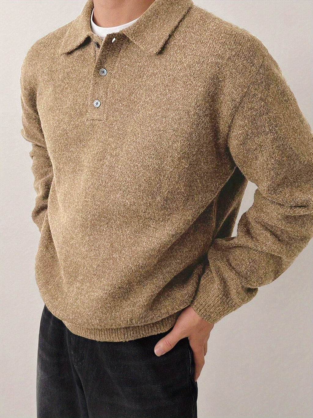 Men's POLO Collar Sweater for Autumn/Winter, Lazy-Style High-End Winter Pullover, Inner Layer Base Top, Lapel Knit Outerwear, Thick Jacket - Yellow Brown