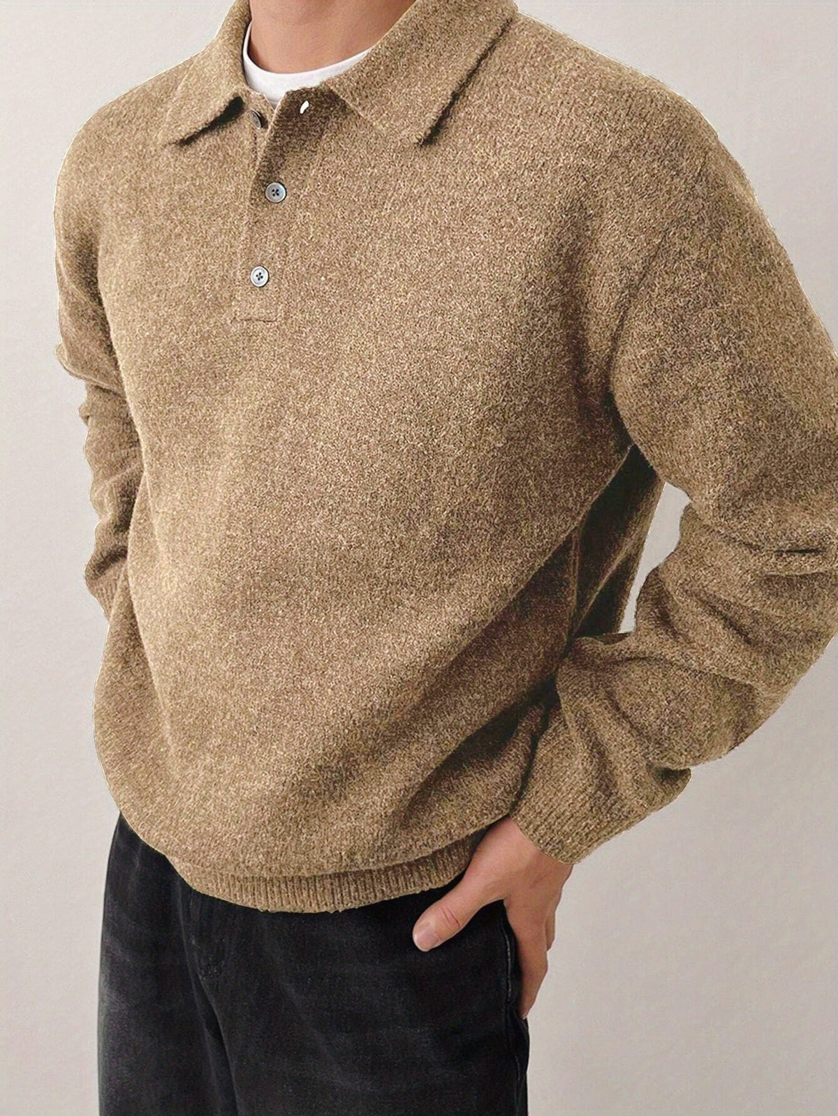 Men's POLO Collar Sweater for Autumn/Winter, Lazy-Style High-End Winter Pullover, Inner Layer Base Top, Lapel Knit Outerwear, Thick Jacket - Yellow Brown
