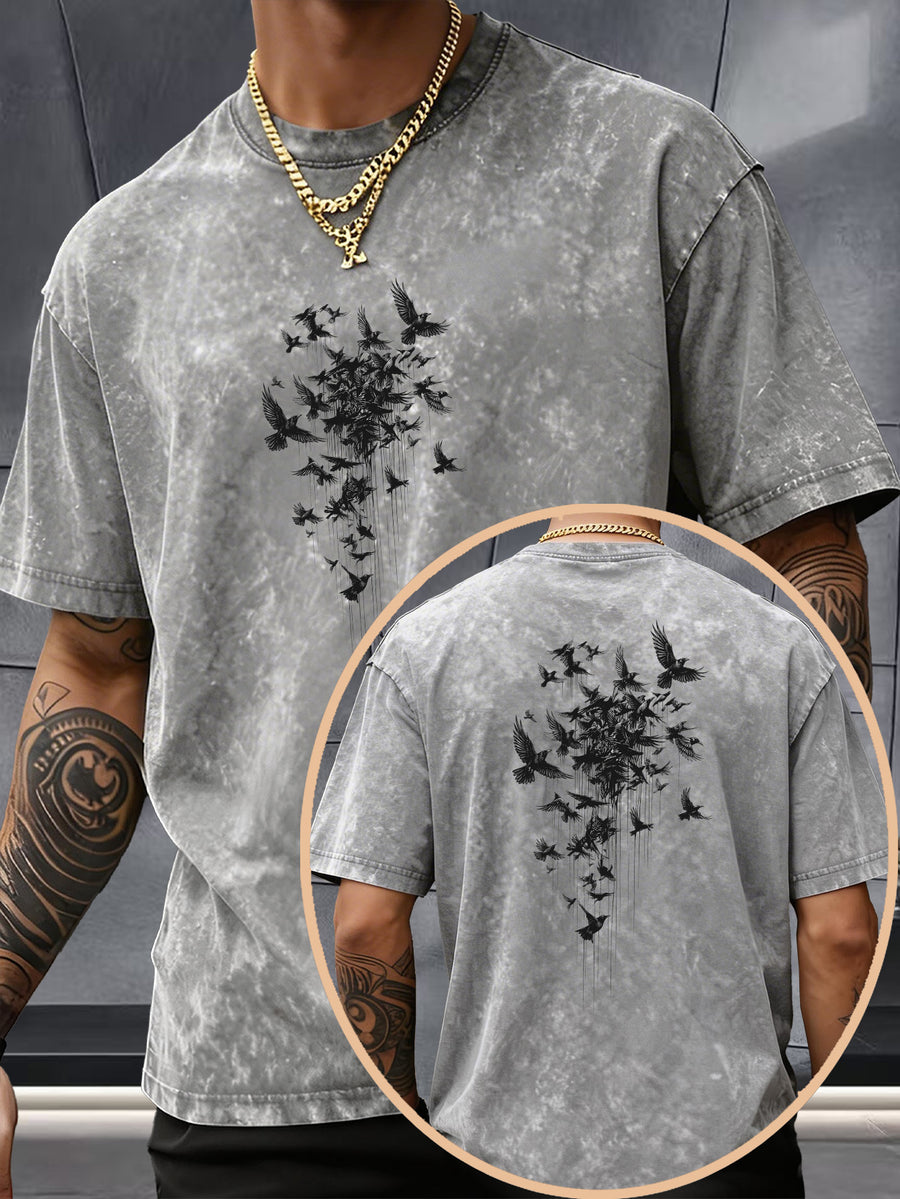 Short Sleeve Top, Pure Washed Distressed Loose Short Sleeve, Raven Flying Bird Front And Back Trendy Print Casual Match, American Street High Street Hip-Hop Couple Style, Daily Outing Commute Sports Fitness Street Style Y2K National Trend T-Shirt - Grey
