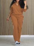 Women'S Solid Color Two-Piece Casual Long Sleeve Front Zipper Hoodie with Drawstring Straight Leg Pants Outfit - Coffee Color