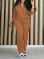 Women'S Solid Color Two-Piece Casual Long Sleeve Front Zipper Hoodie with Drawstring Straight Leg Pants Outfit - Coffee Color