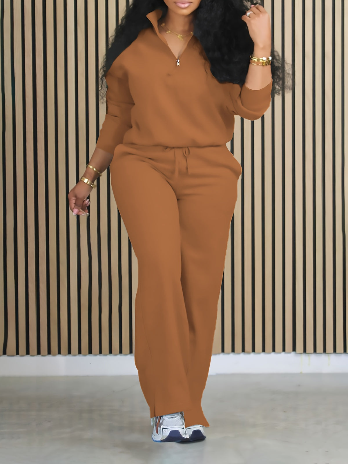 Women'S Solid Color Two-Piece Casual Long Sleeve Front Zipper Hoodie with Drawstring Straight Leg Pants Outfit - Coffee Color