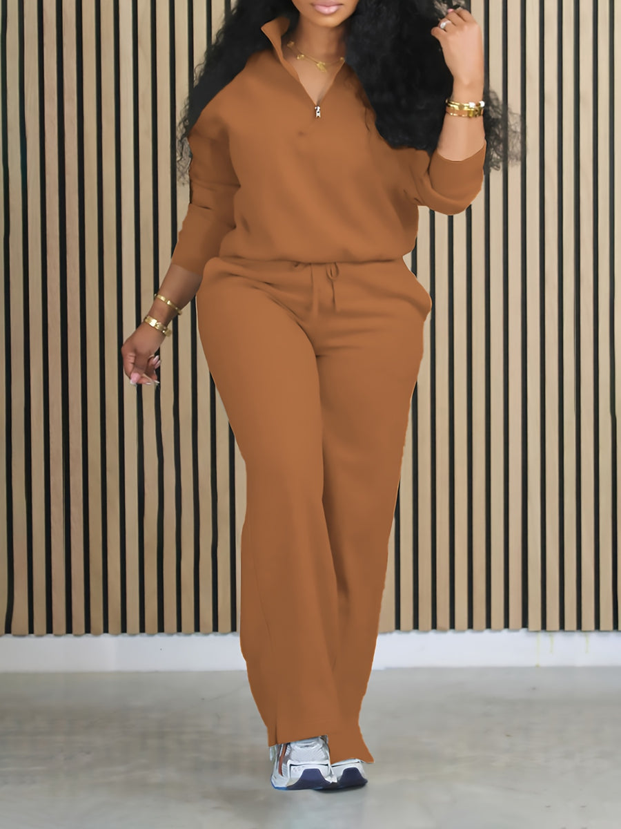 Women'S Solid Color Two-Piece Casual Long Sleeve Front Zipper Hoodie with Drawstring Straight Leg Pants Outfit - Coffee Color