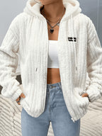 Cross-Border New Fashion Casual Plush Zipper Hooded Jacket Coat Women'S Hooded Sweatshirt Bzra - White