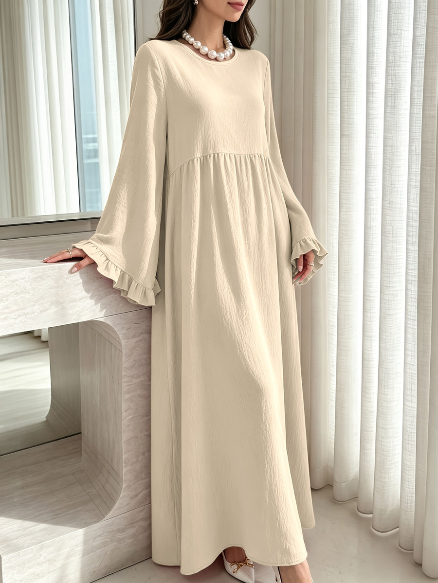 Round Neck Long Dress with Ruffled Flared Wide Sleeves, Soft Lightweight Breathable Fabric Loose Swing Style Dress for Women Daily Home And Outdoor Casual Matching - Off-white